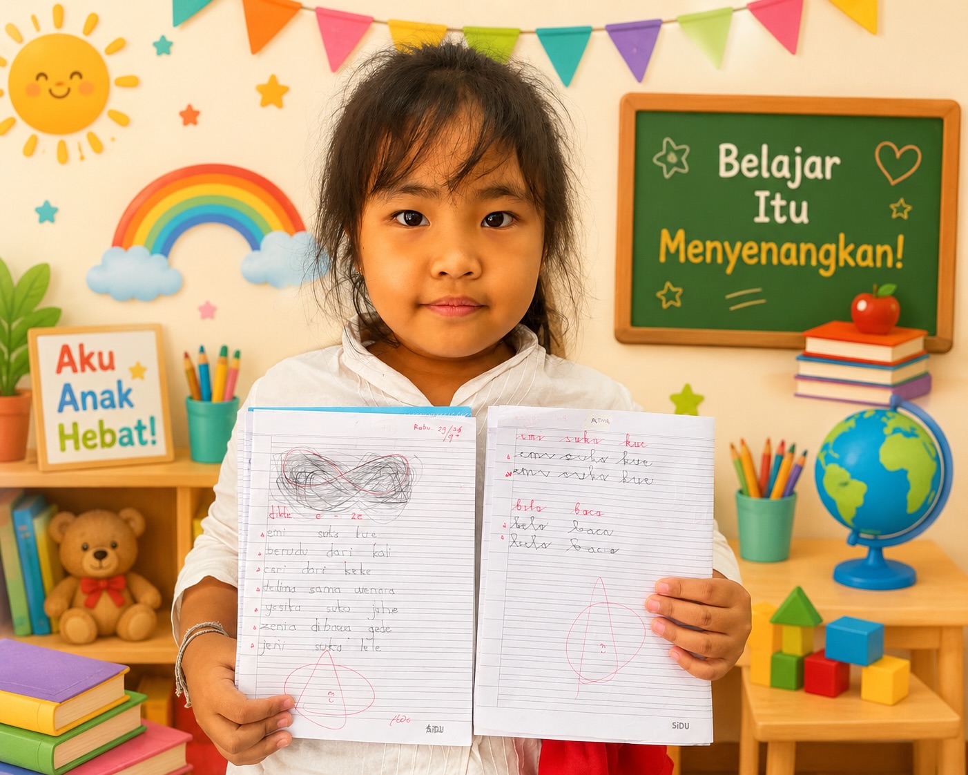 Siswa AHE Angantaka bangga menunjukkan hasil latihan membaca dan menulisnya